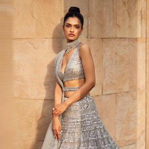 Seema Gujral Silver Mirror Work Lehenga (Radha)